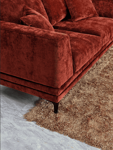 Aluxo Lenox Mid-Century Modern Sofa in Rust Velvet with Plush Cushions and Wooden Plinth - UK Luxury Furniture